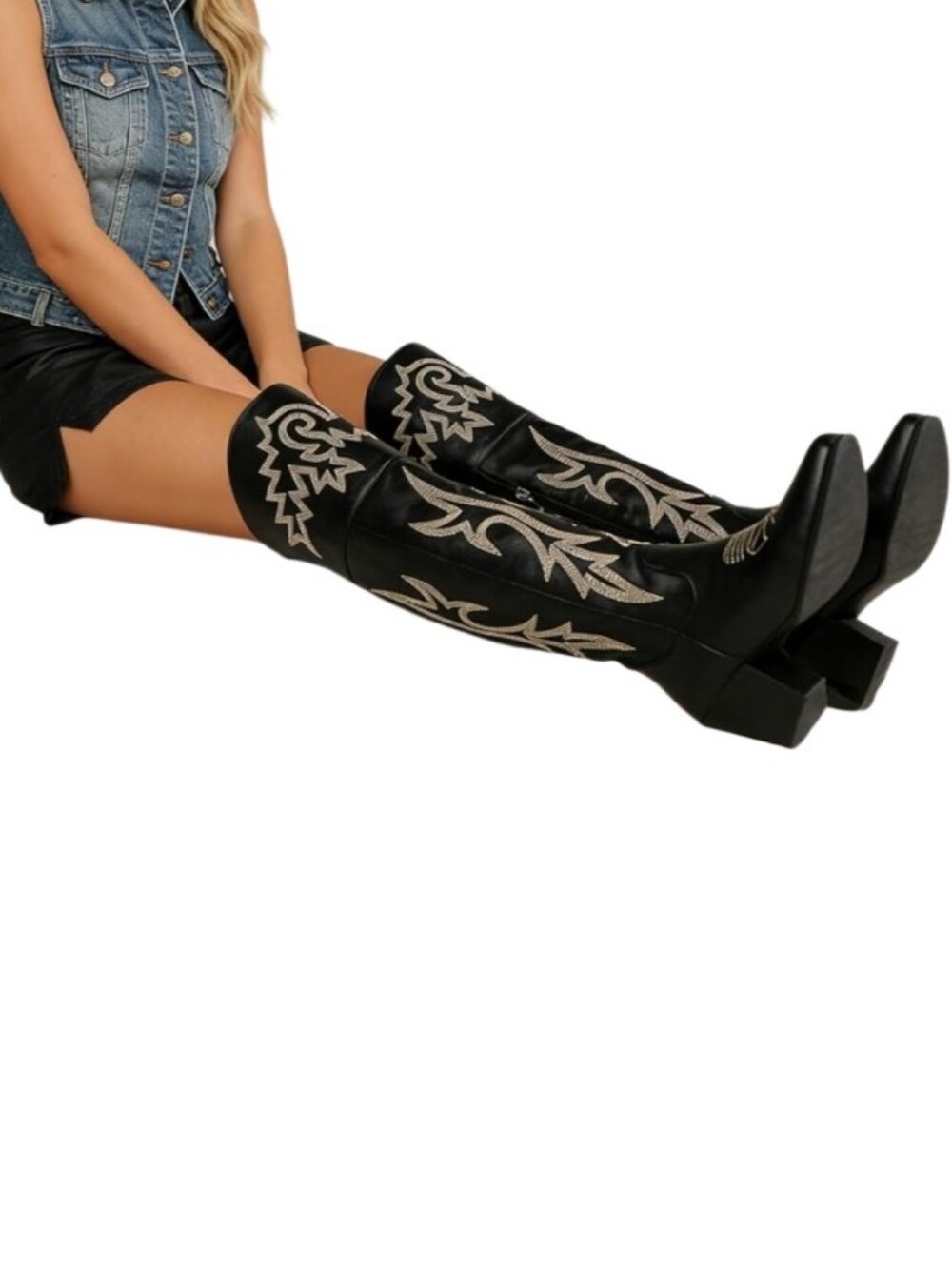 Black Faux Leather Embroidered Thigh-High Western Boots Sz 10.5  Nwt - Picture 4 of 4